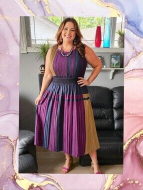 BCBGMAXAZRIA Arleney Pleated Colorblock Accordion Midi Dress Purple L MSRP $228